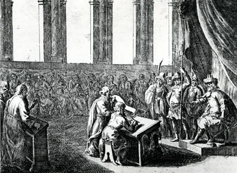 Ptolemaios Philadelphos, König von Ägypten, beruft 72 Männer aus Judäa, um das jüdische Gesetz ins Griechische zu übersetzen, ca. 1700
