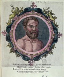 Thales von Milet (ca. 625-547 v. Chr.), Illustration aus Veterum et Recentium Medicorum Philosophorumque Icones von Johannes Sambucus (1531-1584), veröffentlicht von Plantin in Antwerpen 1574 (Farbstich)