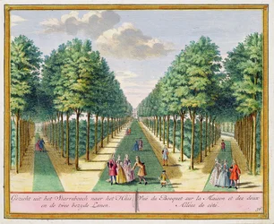 Blick vom Wald zum Haus und den beiden Seitenalleen, Watervliet, aus Het Zegenpralent Kennemerlant, von Hendrick de Leth und Matthias Brouerius Van Nidek, veröffentlicht ca. 1700-1730