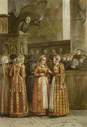 Frauen in traditioneller friesischer Tracht, Niederlande, 15. Jahrhundert