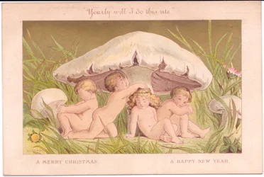 Eine viktorianische Weihnachts- und Neujahrskarte einer Gruppe von Feenkindern, die sich unter einem Pilz entspannen, alles vor einem goldenen Hintergrund, von Gertrude Thompson, ca. 1895