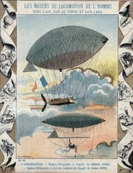 Luftschiff erfunden von Henri Giffard im Jahr 1852 und Navigierbares Luftschiff erfunden von Dupuy de Lome im Jahr 1872 - Schutzumschlag für Schulbücher, Ende des 19. Jahrhunderts - Luftschiff von Henry Giffard (1825-1882) 1852 und der Ballon haubanne von 