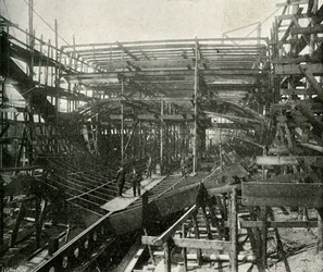 Der Bau eines Kriegsschiffs: Ein erstklassiger Kreuzer im Bau bei den Thames Ironworks, ca. 1897