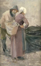 Die Hausfrau betrachtet den Fang des Fischers, ca. 1900