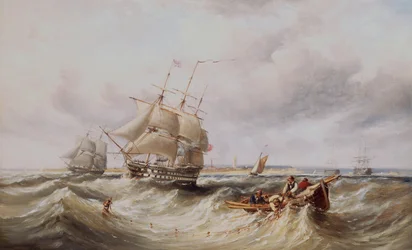 Ein Zweidecker verlässt den Hafen mit anderen Kriegsschiffen, die in der Reede ankern