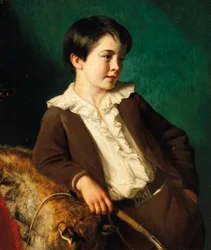 Porträt von Master John Lethbridge von Tregeare Manor, Launceston, Devon, dreiviertellang, in einem braunen Anzug mit einer Peitsche, lehnend auf einem Tierfell