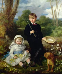 Porträt eines Bruders und einer Schwester mit ihrem Hund in einer bewaldeten Landschaft