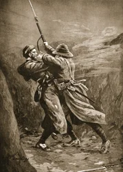 Private Lavin kämpft mit einem türkischen Bomber in einem britischen Schützengraben bei Suvla Bay, Gallipoli