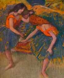 Zwei Tänzerinnen in gelben Korsagen, ca. 1902
