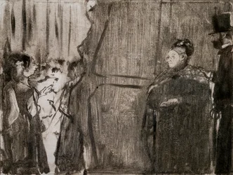 Treffen mit Ludivic Halevy und Madame Cardinal hinter den Kulissen. Um 1876-1877. Monotypie mit schwarzer Tinte.