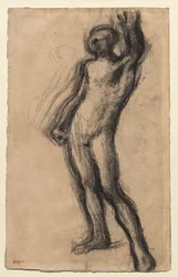 Stehender nackter Mann mit erhobener linker Hand, ca. 1900