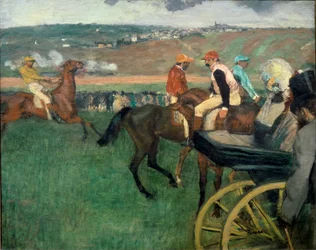 Die Rennbahn, Amateur-Jockeys in der Nähe einer Kutsche