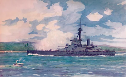 Das brasilianische Super-Dreadnought Minas Geraes nähert sich Rio, 1914