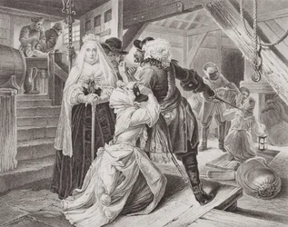 Die Verhaftung von Alice Lisle, weil sie 1685 Flüchtlinge aus der Schlacht von Sedgemoor beherbergt hatte, aus „Illustrations of English and Scottish History“, Band I
