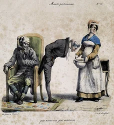 Kranker, Arzt schaut in den Topf und Diener. Karikatur der Pariser Sitten von Pigal (19. Jahrhundert), aufbewahrt im Musée Dobree in Nantes.