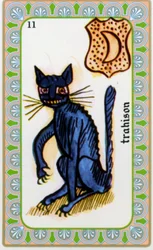 Tarot von Magus Belline gezeichnet von Edmond Billaudot ca. 1845 und an Hellseher Belline zur Neuauflage gegeben: Karte des Verrats: die Katze