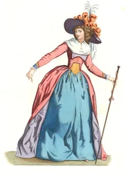 Französische Frau in Mode des 18. Jahrhunderts - Lithografie nach einer Illustration von Edmond Lechevallier-Chevignard (1825-1902), aus „Historische Kostüme des 16. Jahrhunderts“