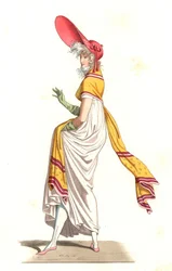 Junge Französin in der Mode der Wunderbaren des 18. Jahrhunderts, nach einem Gemälde von Carle Vernet (1758-1836) - Lithographie nach einer Illustration von Edmond Lechevallier-Chevignard (1825-1902), aus „Costumes historiques des 16th“