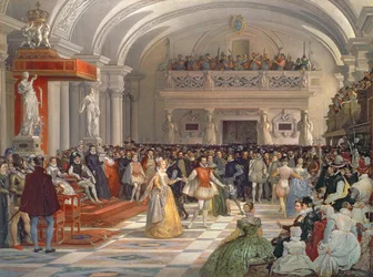 Die Hochzeit von Henri de Bourbon, König von Navarra, mit Marguerite de Valois in Anwesenheit von Catherine de Medici und Charles IX im Jahr 1572, 1862