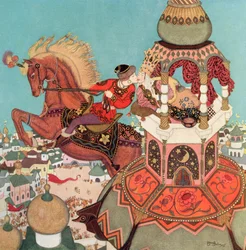 „Das kastanienbraune Pferd schien auf der Höhe seines Sprungs in der Luft zu verweilen, solange jener Kuss dauerte“, Illustration aus dem russischen Märchen Iwan und das kastanienbraune Pferd, aus Edmund Dulacs Märchenbuch: Märchen der alliierten