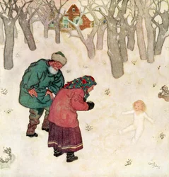„Das zierlichste, hübscheste kleine Mädchen, das sie je gesehen hatten“, Illustration aus dem russischen Märchen Snegorotchka, aus Edmund Dulac