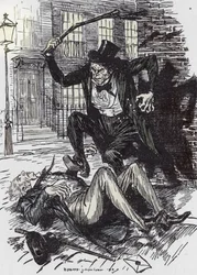 Mr. Hyde ermordet Sir Danvers Carew, Illustration von Edmund Joseph Sullivan (1869-1933) für den Roman „Der seltsame Fall des Dr. Jekyll und Mr. Hyde“ von Robert Louis Stevenson (1850-1894), 1927 (Mr. Hyde prügelt Sir Danvers Carew „mit affenartiger Wut“