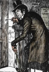 Mr Hyde kehrt nach einer Nacht voller Abenteuer nach Hause zurück, um das Gegenmittel einzunehmen und wieder das Aussehen von Dr. Jekyll anzunehmen. Illustration von Edmund Joseph Sullivan (1869-1933) für den Roman „Der seltsame Fall des Dr. Jekyll und