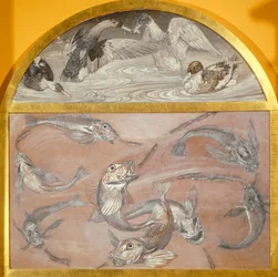 Diptychon mit Fischen und Enten im Teich
