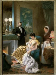 Vor dem Ball. Eine Mutter im Abendkleid stillt ihr Baby, bevor sie mit ihrem Ehemann ausgeht und das Baby dem Dienstmädchen überlässt. 1886. Museum der Schönen Künste Tours