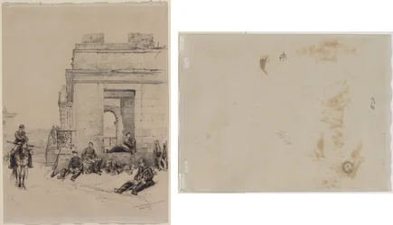 Rastende Soldaten (recto) Skizze eines Mannes mit erhobenem Arm und Skizze eines Helms (verso)