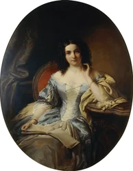 Porträt einer sitzenden Dame im blauen und weißen Kleid, 1853