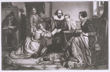 Shakespeare mit seiner Familie in Stratford, rezitiert die Tragödie Hamlet