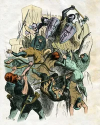 Illustration für "Ivanhoe" von Walter Scott: Kampfszene, Belagerung einer Burg
