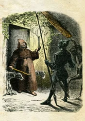 Illustration von Edward Frère (1797-1874) und Theodore Lix (1830-1897) für „Ivanhoe“ von Walter Scott (1771-1832), schottischer Schriftsteller: Der Schwarze Ritter nimmt die Gastfreundschaft eines Einsiedlers im Wald an.