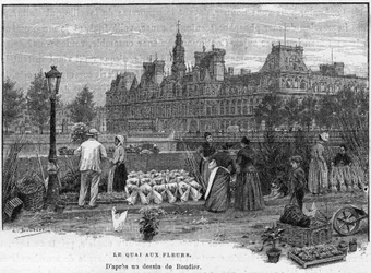 Pariser Szene im 19. Jahrhundert: Blumenhändler am Blumenquai der Île de la Cité. Im Hintergrund das Pariser Rathaus. Gravur Ende des 19. Jahrhunderts nach einer Zeichnung von Boudier in „Die Hauptstädte der Welt: Paris“