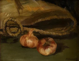 Stillleben mit Tasche und Knoblauch
