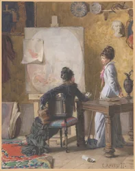 Adéle de Saussure und Marie-Louise Ravel, die Frau des Künstlers, in seinem Atelier