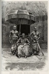 Ardjoumani (gestorben 1892) und seine Söhne, König von Bondoukou (Elfenbeinküste). Gravur von Riou, zur Illustration der Geschichte „Vom Niger zum Golf von Guinea“ von Hauptmann Louis Gustave Binger (1856-1936), 1887-1889, in Le Tour du monde.