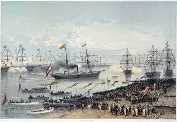 Ankunft Seiner Majestät des Kaisers von Österreich in Port Said - in Einweihung des Suezkanals von G. Nicole. 1869