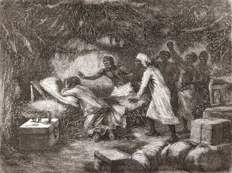 Tod von Dr. Livingstone im Dorf Tchitammbo, Afrika, 1873, Illustration aus "Die Welt in den Händen", veröffentlicht 1878