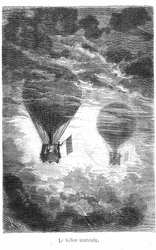 Zeichnung aus dem Buch von Jules Verne „Fünf Wochen im Ballon“ Sammlung Hetzel/Außergewöhnliche Reisen. Der Victoria-Ballon trifft einen anderen Ballon in den Wolken