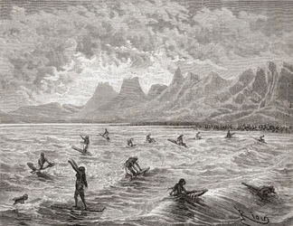 Hawaiianer beim Surfen, Illustration aus 