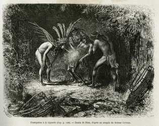Medizinische Räucherung mit Zigaretten bei den Roucouyan-Indianern. Gravur von Riou, um die Geschichte von Cayenne aux Andes von Jules Crevaux, Arzt der französischen Marine, in 1878-1879 zu illustrieren, veröffentlicht in der Tour du monde, unter der Leit