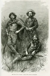 Mitglieder der Expedition: Herr Thouar, Herr Novis und Herr Valverde. Gravur von Riou, zur Illustration der Geschichte 
