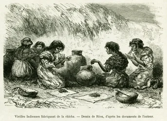 Alte indische Frauen machen Shisha. Gravur von Riou zur Illustration der Geschichte Voyage dans le delta du Pilcomayo et de Buenos Aires a Sucre