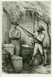 Porträt des Autors Victor Giraud, eines Schiffsfähnrichs und seines Reisenden Montagu Kerr, eines Jägers. Gravur von Riou, zur Illustration der Geschichte „Les lacs de l