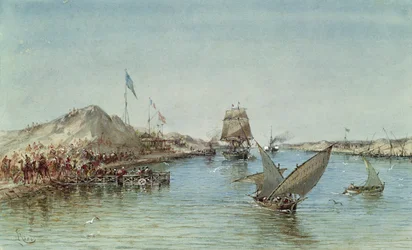 Schiffsverkehr auf dem Suezkanal, aus einem Erinnerungsalbum an die Reise der Kaiserin Eugénie (1826-1920) zur Einweihung im Jahr 1869