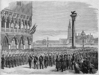 Der König von Italien Viktor Emanuel II. (Vittorio Emanuele) in Venedig auf dem Markusplatz. Nach der Niederlage der Österreicher bei Sadowa wurde Venetien 1866 dem Königreich Italien zurückgewonnen. Gravur nach einer Zeichnung von Crepon und Riou. In „Das