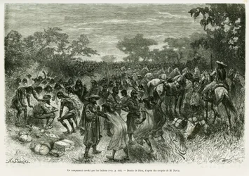 Das Lager von den Indianern überfallen. Gravur von Riou, zur Illustration der Geschichte „Voyage dans le Chaco Boreal“.