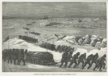 Der Aufbruch der Alert-Schlitten, Schiff der Polarexpedition, Zeichnung von Riou, um die Geschichte einer Reise zum Polarmeer in 1875-1876 zu illustrieren, von Kapitän G.S. Nares. Gravur in Le tour du monde.